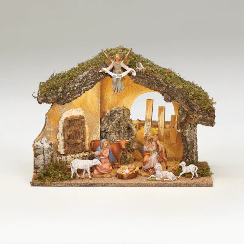 Fontanini Nativity - 9pc Nativity with USB LED Italian Stable - 5" Scale