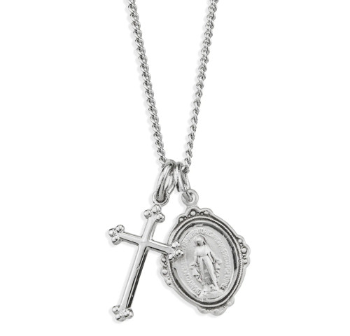 Sterling Silver Miraculous Medal with Cross Pendant - 16" Chain