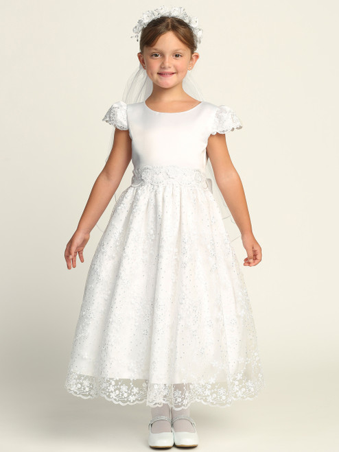 Communion Dress - Satin Bodice with Embroidered Tulle Skirt 