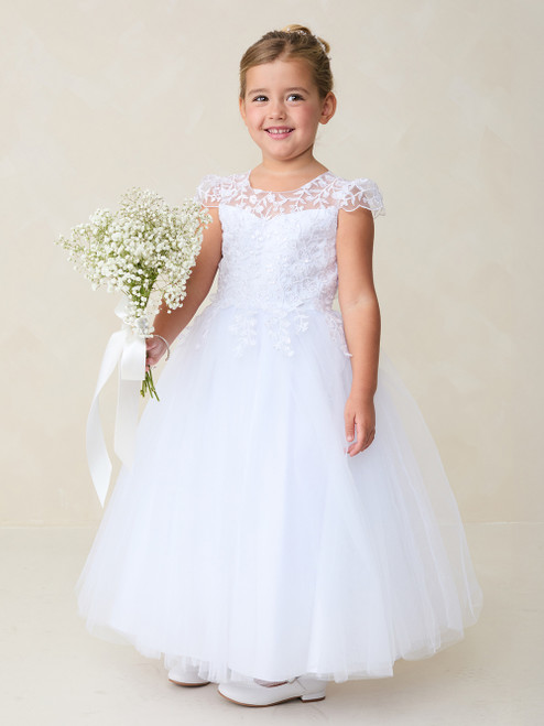 Communion Dress - Cap Sleeve Illusion Neckline Lace Bodice with Tulle Skirt