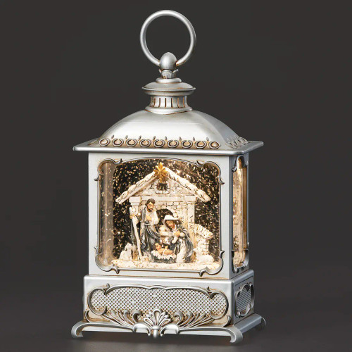 Lighted Swirl Lantern with Holy Family in a Pewter Finish