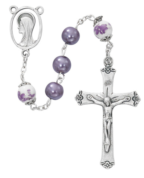 Purple Pearl and Ceramic Flower Rosary 