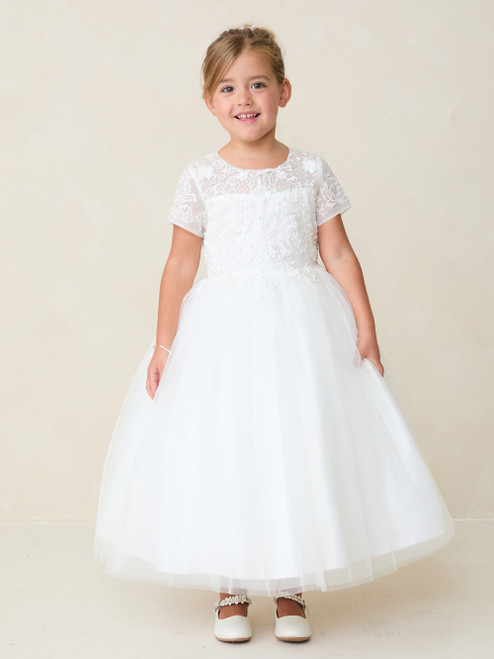 Communion Dress - Illusion Cap Sleeve Lace Bodice with Tulle Skirt 