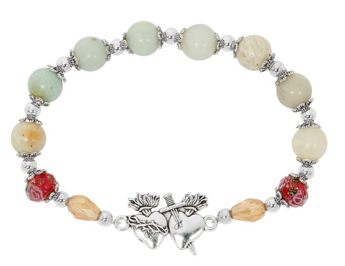 Silver Amazonite Two Hearts Rosary Stretch Bracelet