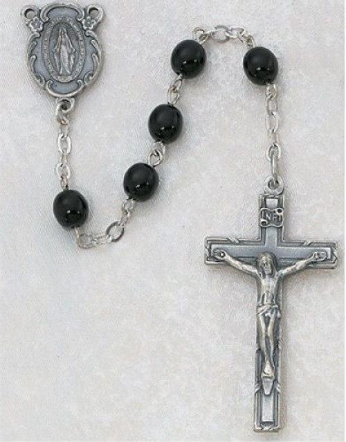 Black Glass Rosary. 7mm beads Sterling Silver or 6mm beads Pewter Miraculous Medal Center & Crucifix. Deluxe Gift Box Included