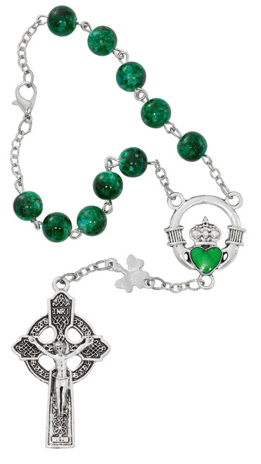 Green Glass Bead with Claddagh One-Decade Auto Rosary 