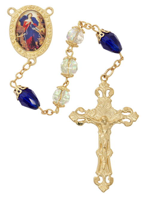 Our Lady Undeor of Knots Double Capped Crystal Rosary with Blue Crystal Our Father Beads 