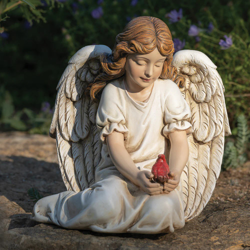 Angel With Cardinal Garden Statue - 9.5"