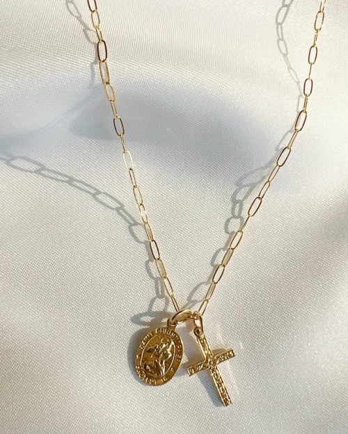 Gold-Filled St. Christopher with Cross Necklace - 18" Chain