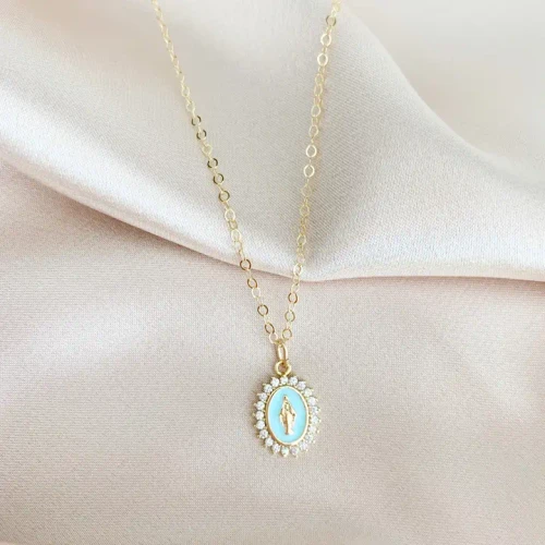 Gold-Filled Blue Enamel Blessed Mother Necklace - 18" Chain
