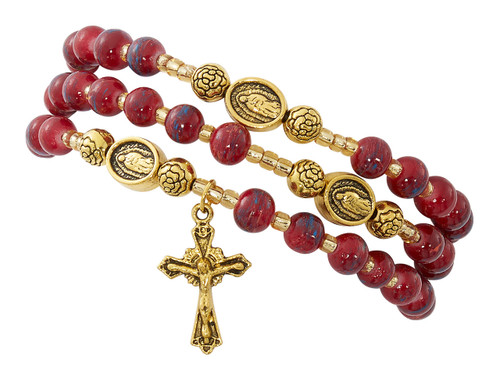 Our Lady of Guadalupe Red & Gold Glass Bead Rosary Bracelet 