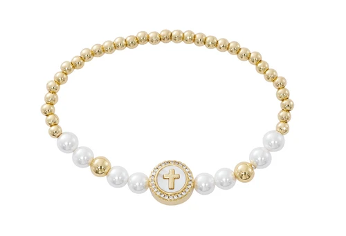 Gold-Plated Pearl Stretch Bracelet with Mother of Pearl Crystal Cross
