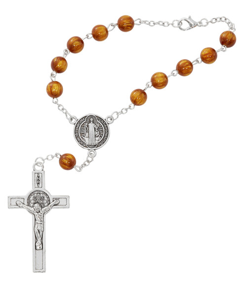 St. Benedict Sandstone Brown Glass Bead Auto Rosary