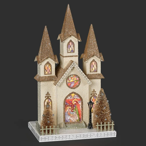 Lighted Church with Stained Glass Windows - 15"