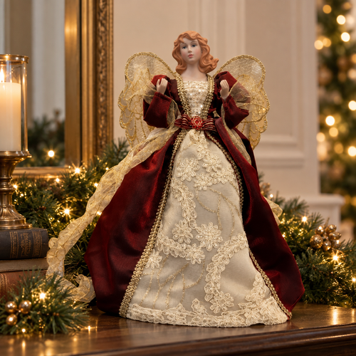 Red & Ivory Lace Angel Tree Topper - 14"