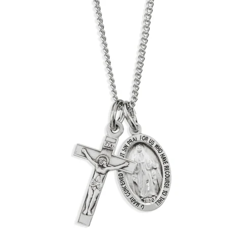 Sterling Silver Miraculous Medal with Small Crucifix Pendant - 18" Chain