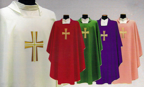 Square Collar with Inside Stole. Primavera (100% Polyester). Embroidery on the Front Only. Available in White, Red, Green and Purple. Also Available: Pure Italian Silk Chasuble, Overlay Stole, Dalmatic and Deacon Stole. Pure Italian Silk Option (652CH/PS).These items are imported from Europe. Please supply your Institution’s Federal ID # as to avoid an import tax. Please allow 3-4 weeks for delivery if item is not in stock
 