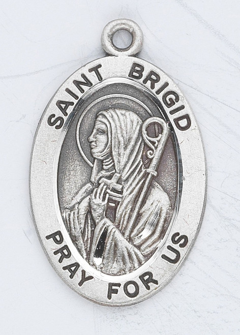 Patron Saint of Ireland, Travelers, Babies, Midwives. Sterling silver, 7/8" oval medal with a 18" genuine rhodium plated chain. Medal comes in a deluxe velour gift box. Engraving option available.