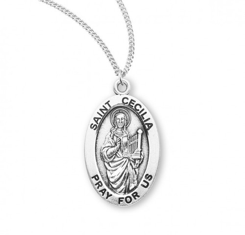 Sterling Silver Oval St. Cecilia Medal - 18" Chain