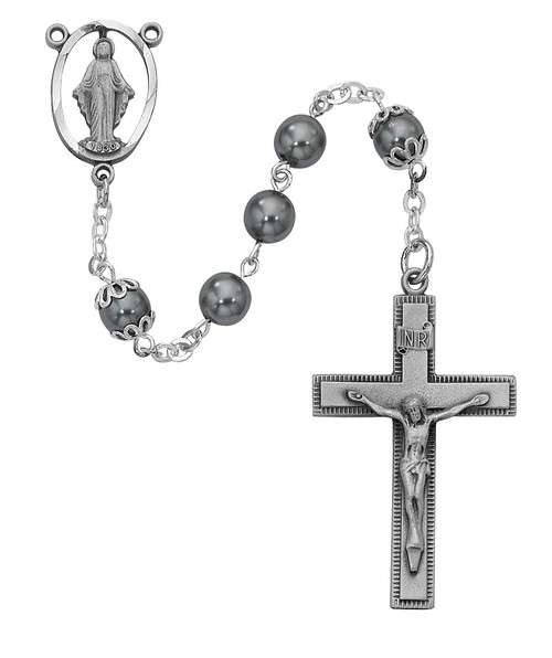 7 Millimeter Imitation Hematite Bead  Rosary. Pewter Crucifix and Center. Deluxe Gift Box Included