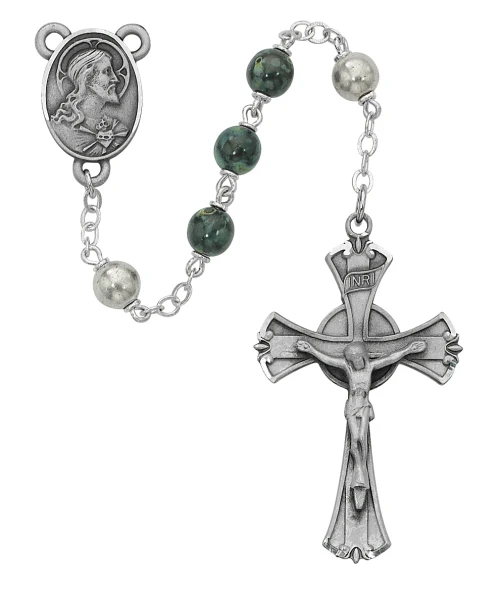 Black & Green Swirl Glass Bead Rosary with Sacred Heart of Jesus Centerpiece
