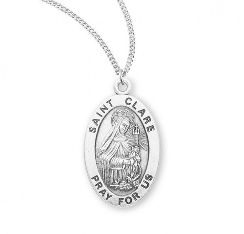 Sterling Silver Oval St. Clare Medal - 18" Chain