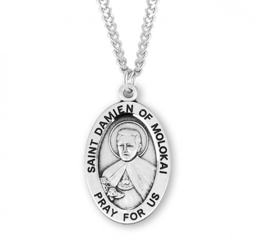 Sterling Silver Oval St. Damien of Molokai Medal - 20" Chain