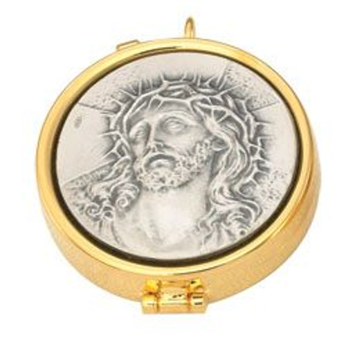 The Head of Christ Pyx. 7 host capacity. Measures 2 1/8" x 5/8". High polish inside. Based on 1 3/8" host