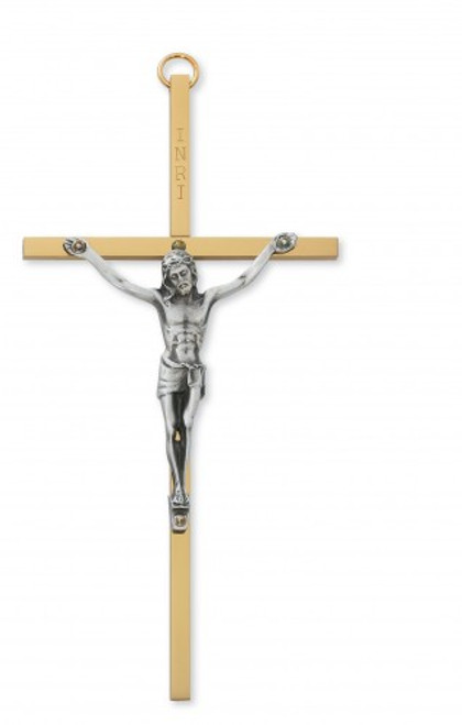 6" Brass engraved "INRI" Cross with silver corpus. Packaged in a deluxe gift box. Ideal Communion, wedding or house warming present!