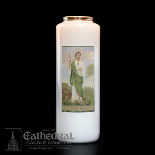 Saint Jude 6 day bottle lite. St. Jude is the Patron Saint of lost causes and of the sick, especially those whose cases seem to be hopeless.  Feast day is October 28th. Candles can be purchased individually or as a case(12 candles).