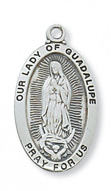 1" x 9/16" Sterling Silver Our Lady of Guadalupe Medal.  Our Lady of Guadalupe Medal comes on an 18" rhodium curb chain. A deluxe gift box is included.