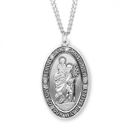 Sterling Silver Large Oval St. Christopher Medal - 24" Chain