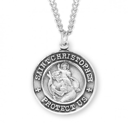 13/16" Sterling silver St. Christopher Medal with a 24" Genuine rhodium plated endless curb chain. Medal is Medal comes in a deluxe velour gift box. Made in the USA