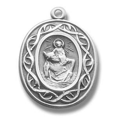 Oval 15/16" St. Christopher within the Crown of Thorns.  Medal comes on an 18" Chain. All sterling silver with a genuine rhodium-plated, stainless steel chain. Comes in a deluxe velour gift box