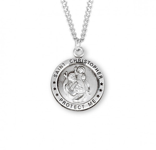 5/16" St. Christopher Medal with 24" Chain. Medals are all sterling silver with a genuine rhodium-plated, stainless steel chain. Comes in a deluxe velour gift box