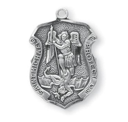 St. Michael Sterling Silver Policeman's Badge Medal. Dimensions: 0.9" x 0.6" (22mm x 14mm) St Michael Policeman's Badge Medal comes on a 20" Genuine rhodium plated curb chain with a genuine rhodium-plated chain. Presents in a deluxe velour gift box. 