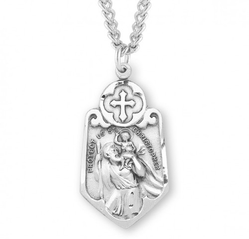 Saint Christopher Sterling Silver Medal. St. Christopher Medal comes on a 24" genuine rhodium plated endless curb chain.  Dimensions: 1.2" x 0.7" (31mm x 17mm). A deluxe velour gift box is included. Made in the USA

