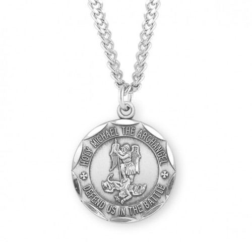 Sterling Silver Round Scalloped Edge St. Michael Medal - 24" Chain