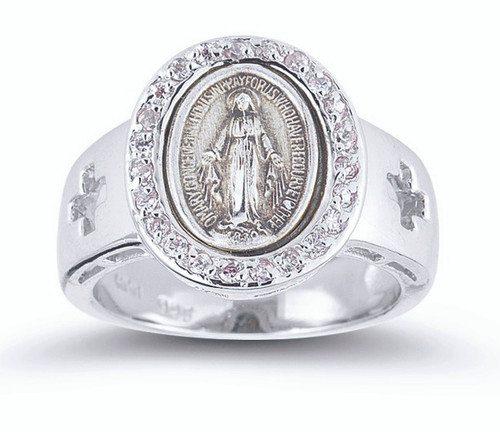 Sterling Silver Miraculous Medal Ring with Cubic Zirconia Crystals
