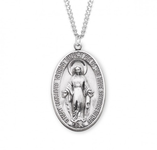 Sterling Silver Large Oval Miraculous Medal - 27" Chain