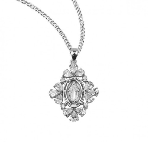 Sterling Silver with Cubic Zirconia Miraculous Medal - 18" Chain