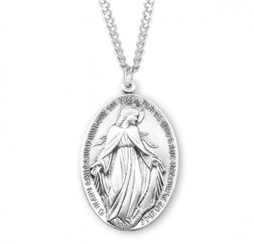 Sterling Silver Large Oval Profile Miraculous Medal - 27" Chain