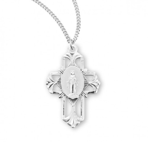 Sterling Silver Pierced Cross with Miraculous Medal - 18" Chain