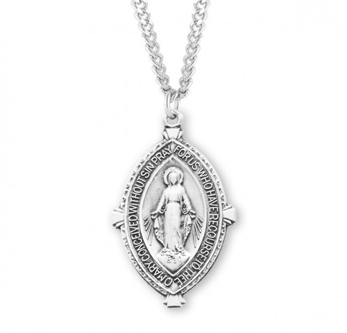 Sterling Silver Oval Pointed Miraculous Medal - 24" Chain