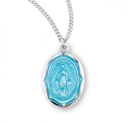 Sterling Silver Blue Enamel Oval Scalloped Edge Miraculous Medal - 18" Chain
