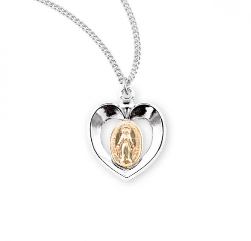 Two-Tone Miraculous Medal Inlayed in Heart - 18" Chain