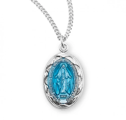 Sterling Silver Scalloped Blue Enamel Oval Miraculous Medal - 18" Chain