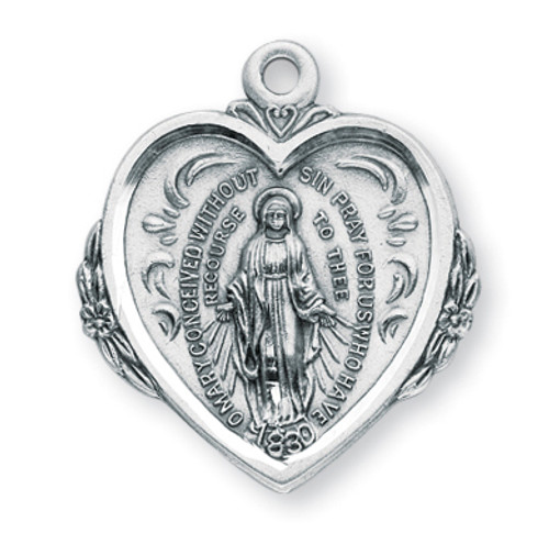 1 1/8" Miraculous Medal with a 20" Chain.  Medal is .925 sterling silver with a 20" genuine rhodium plated curb chain. Miraculous medal comes in a deluxe velour gift box. Dimensions: 1.0" x 0.9" (25mm x 22mm). Made in the USA.

