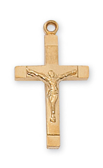 13/16" Gold Over Sterling Silver Crucifix. Crucifix comes on an 18" Gold Plated Chain. A deluxe gift box is included. 