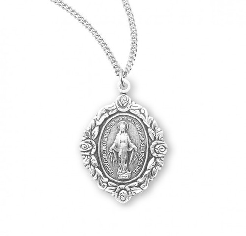 Sterling Silver Oval Miraculous Medal with Rose Border - 18" Chain
